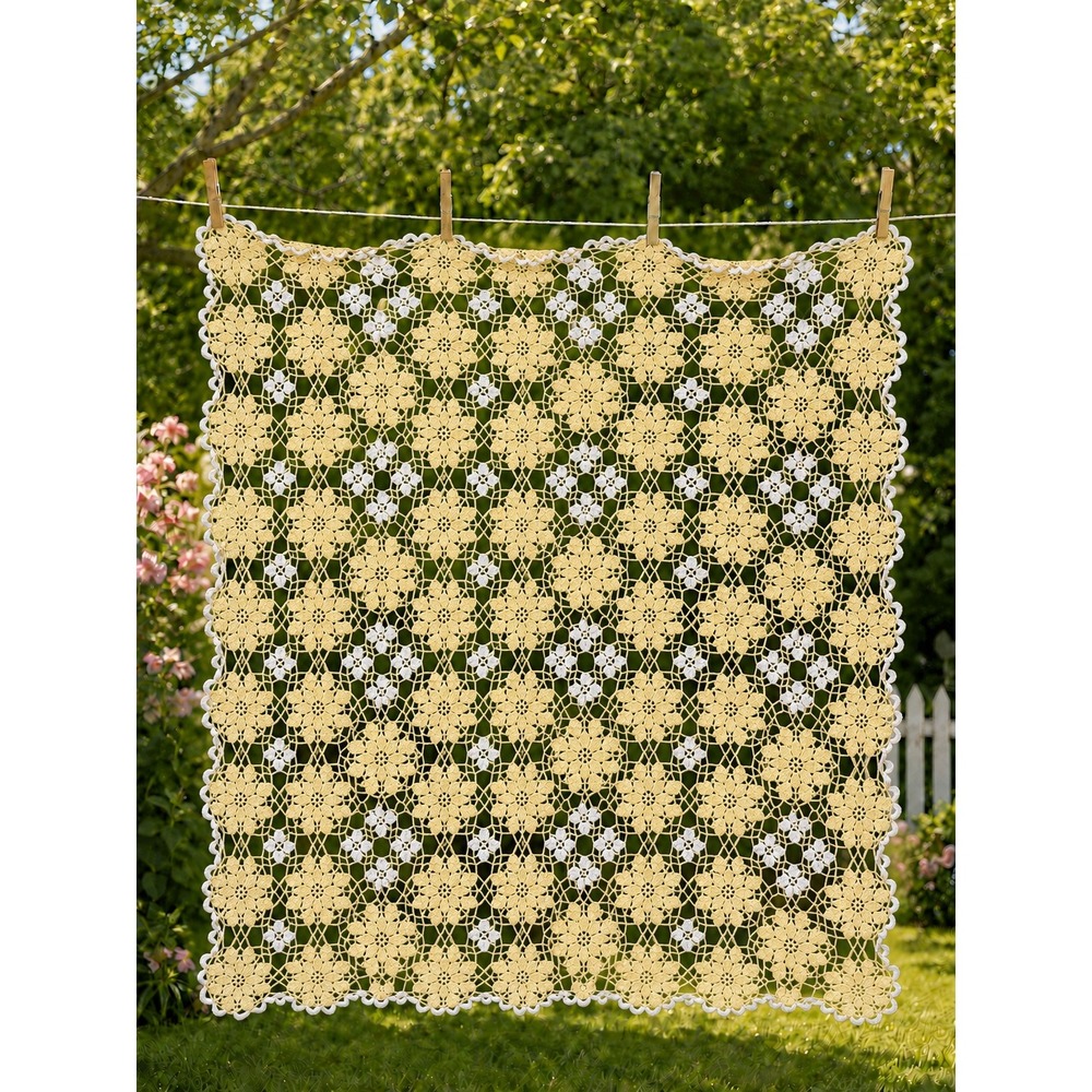 Vintage Crochet Lace Tablecloth Yellow White Floral Medallion Cottagecore Throw